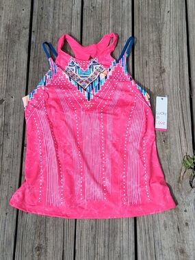 Lucky in Love Bright Pink Embellished Racerback Tank with Blue Accents